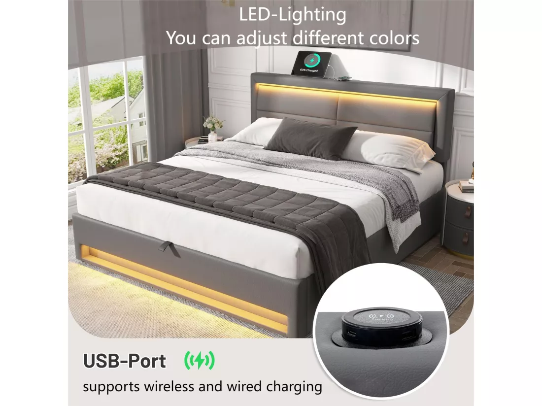 Lit coffre 160x200 cm en similicuir avec LED - avec ports de recharge (filaire & sans fil) - Gris