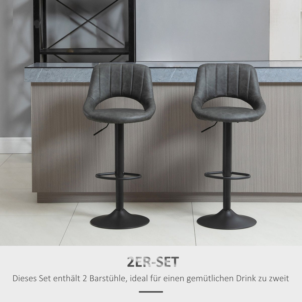 HOMCOM Barkrukset, 2 krukken, keukenkrukken, lederlook, draaibaar, in hoogte verstelbaar, met voetenbankje, modern design, metalen frame, 44 x 49 x 90-110 cm, grijs