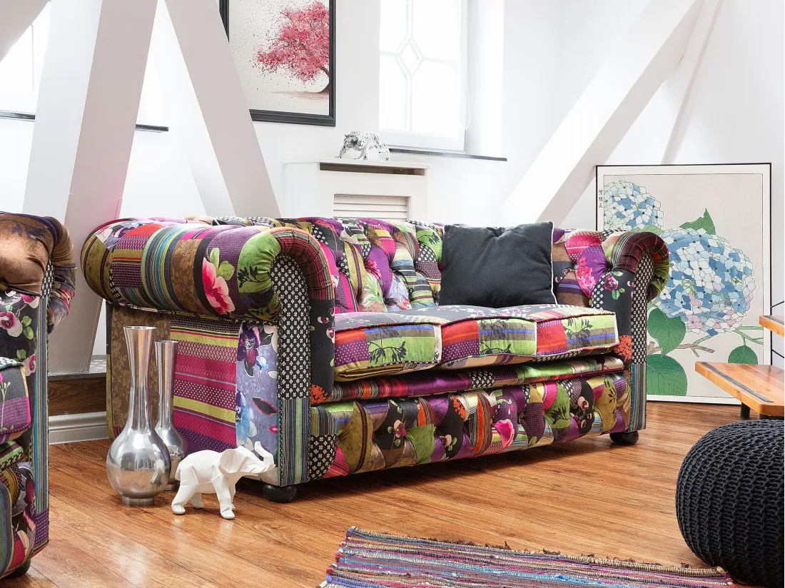 Canapé 3 places patchwork bordeaux violet CHESTERFIELD