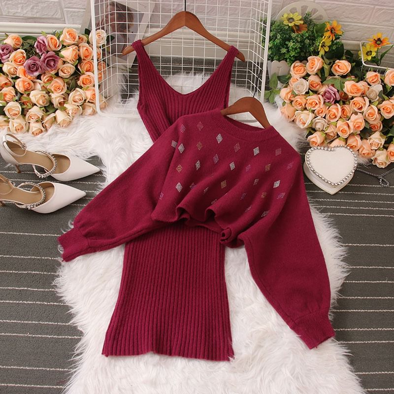 Yolandus - Set: Argyle-trui met ronde hals en patroon + mouwloze V-hals geribbelde midi-jurk