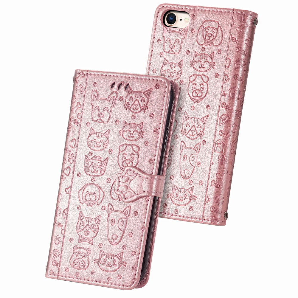 iPhone SE (2022/2020) / 8 / 7 / 6S Leder Tasche Flip Cover Hunde & Katzen Imprint - Roségold