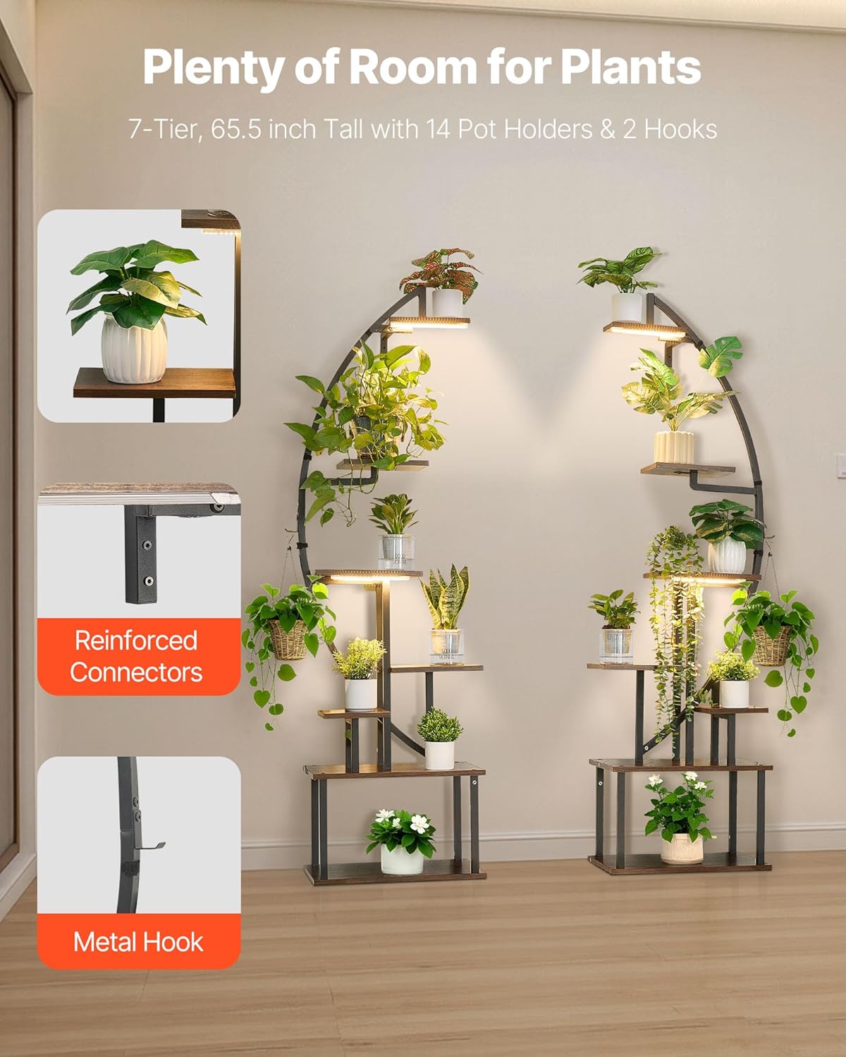 VEVOR Pflanzenständer mit Wachstumslichtern 2er Pack, 7-stufiger Blumenständer, Blumentreppe, Pflanzentreppe, 3 Timer- & 10 Helligkeitsstufen, Blumenregal für das Wohnzimmer, 550x260x1665mm