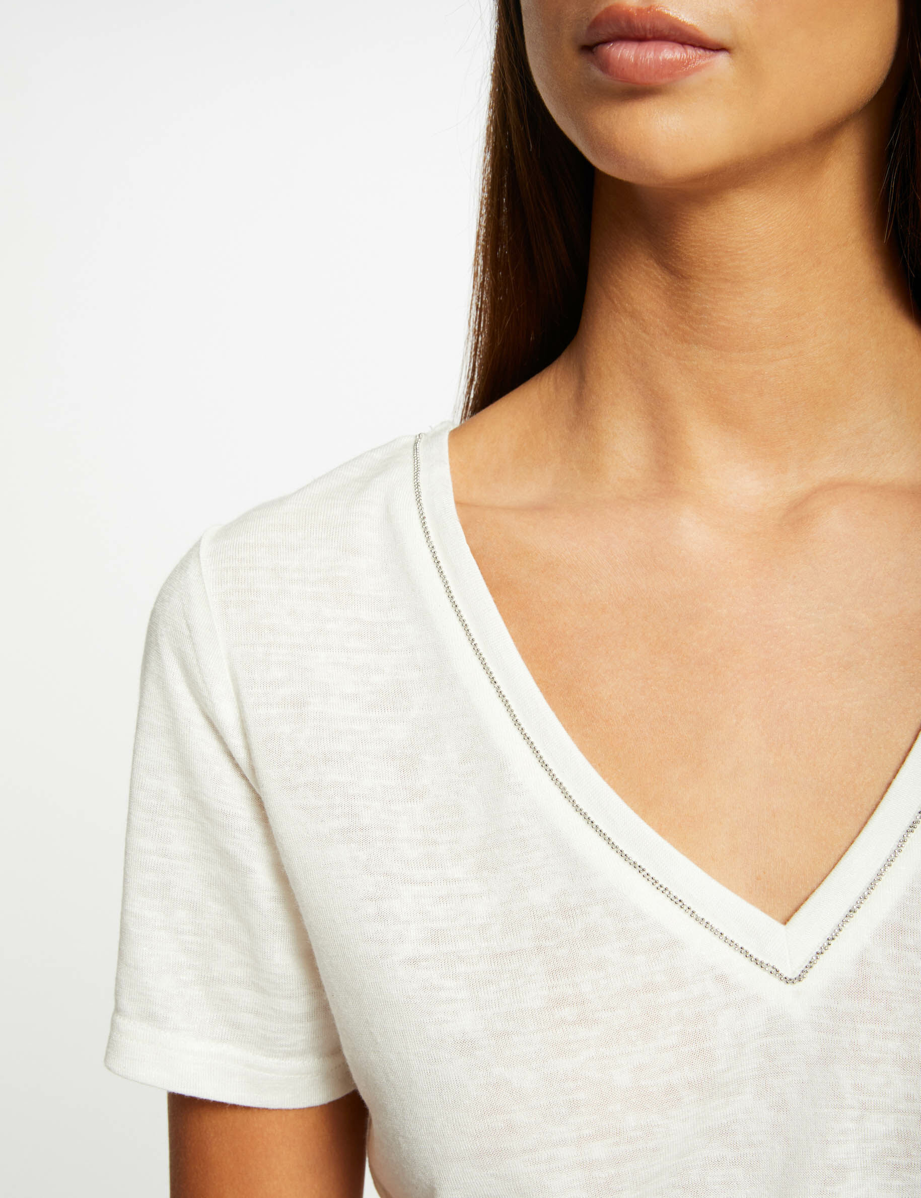 T-shirt manches courtes à col en V ecru femme - ecru