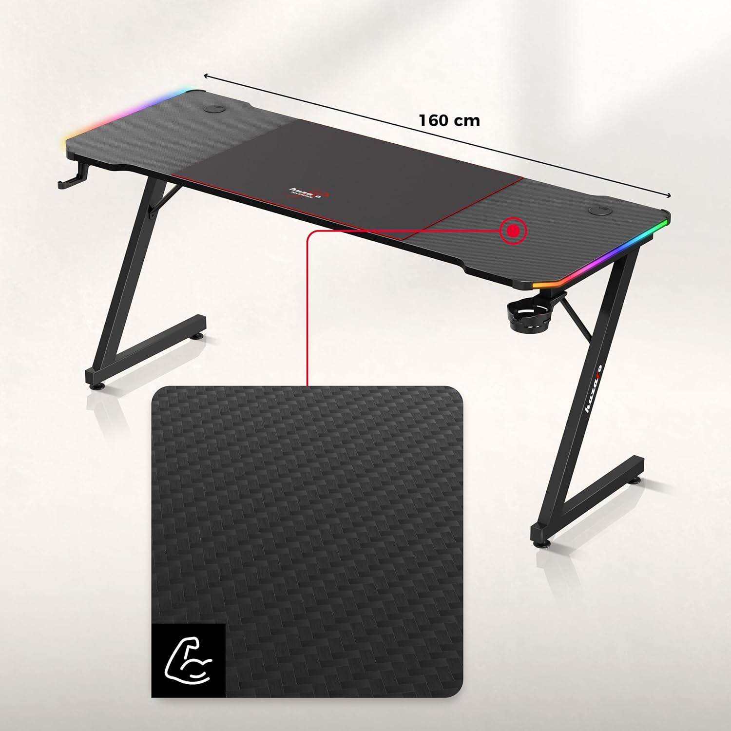 huzaro Hero 4.8 RGB | LED Gaming PC Tisch XXL Schreibtisch | Inklusive Mauspad | Kopfhörerhaken Getränkehalter | Kabelorganisator | Carbon Tischplatte | Stabiler Computertisch | 160x60cm | Schwarz