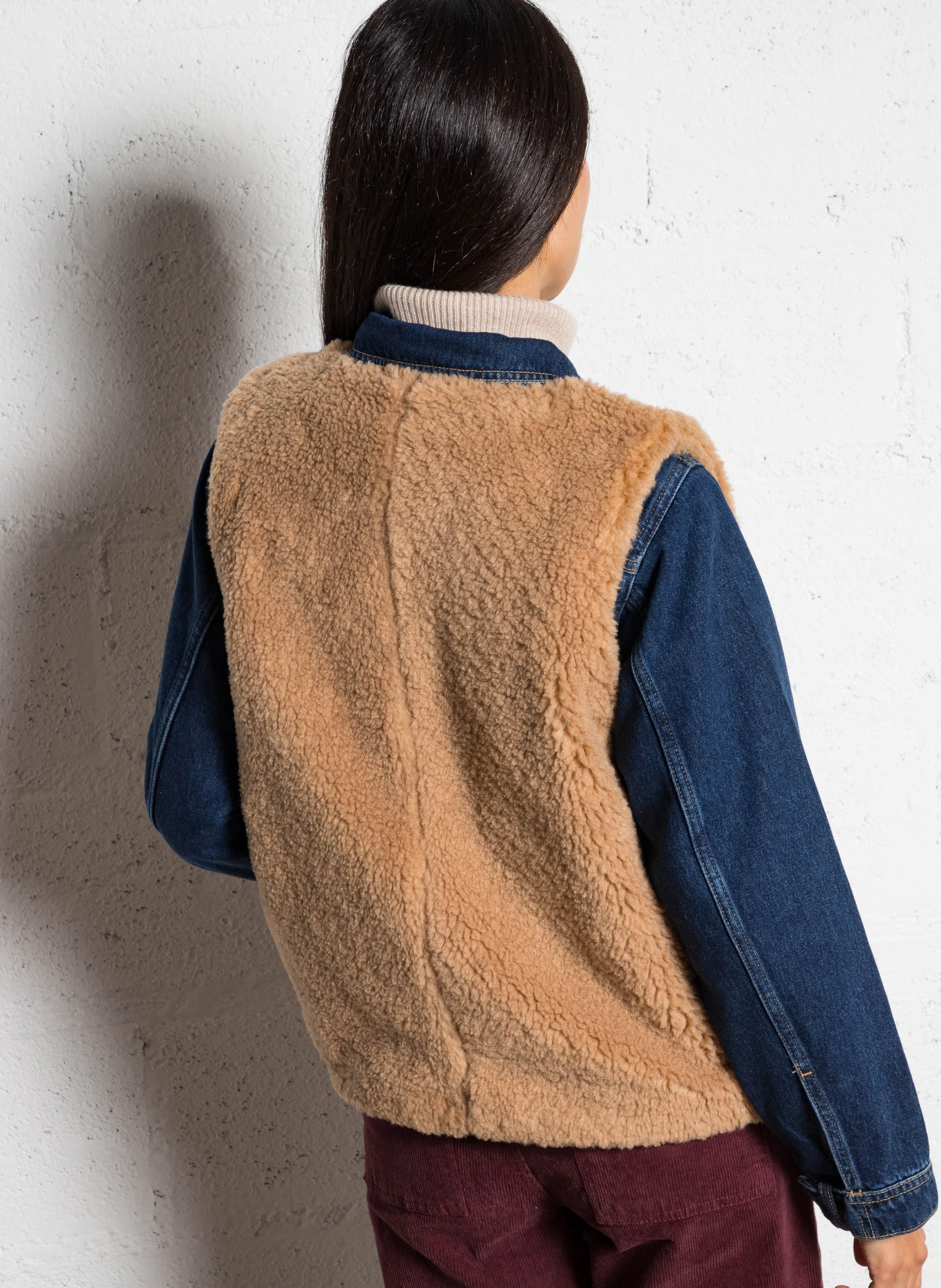 GLADYM - Veste col rond effet fourrure| Marron