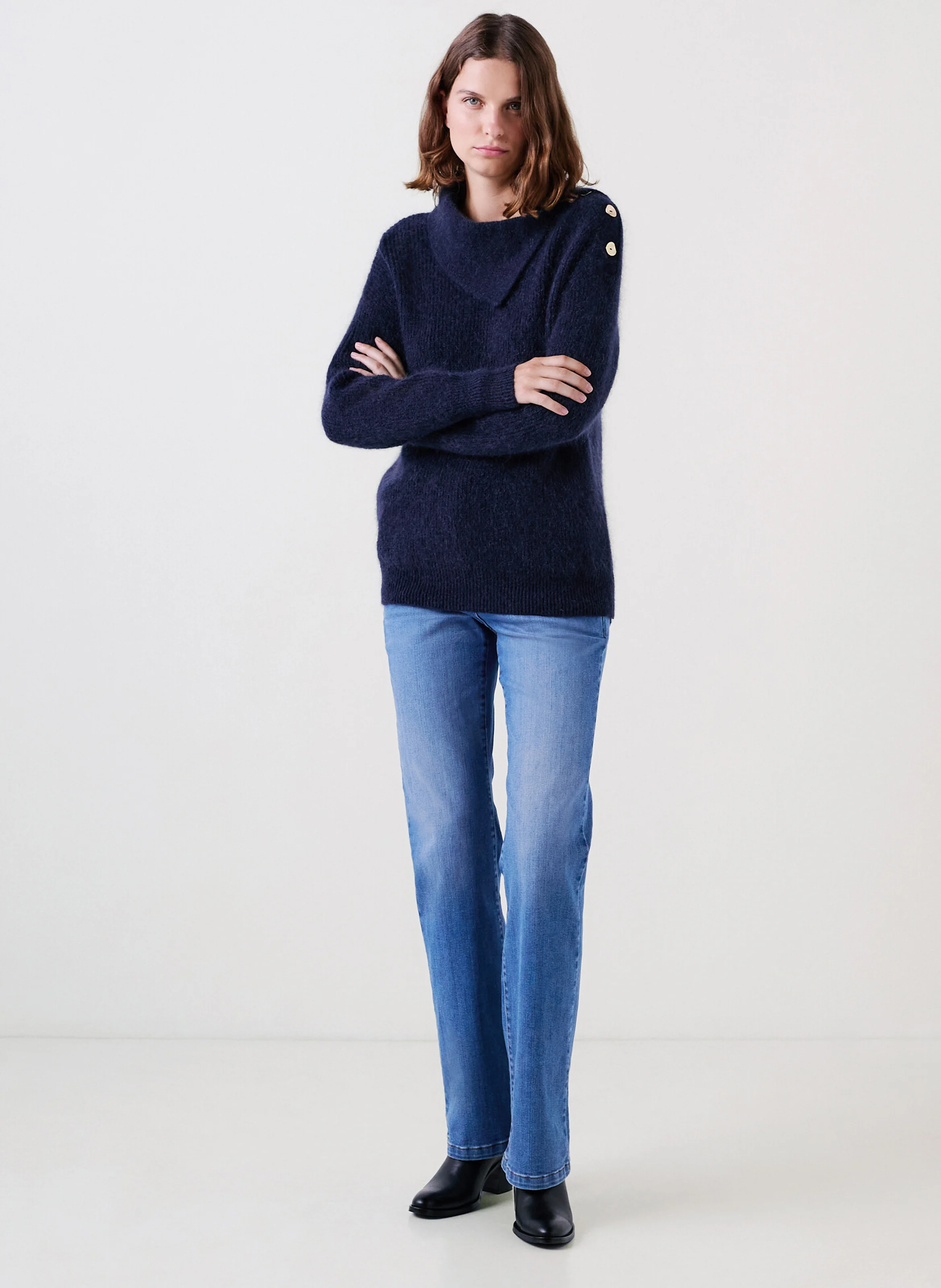 MELKIOR - Pull ample col asymétrique en laine mélangée | Bleu