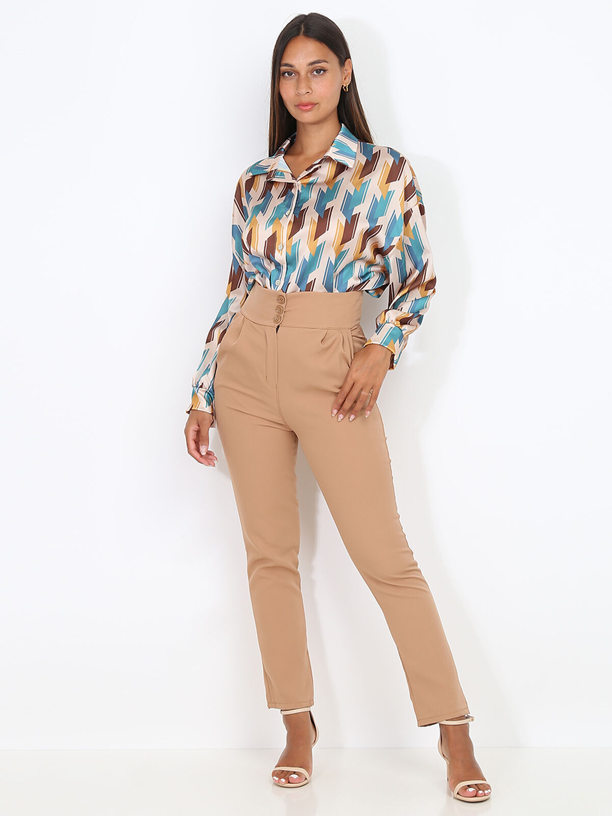 Pantalon à pinces plissé et boutonné- Beige foncé