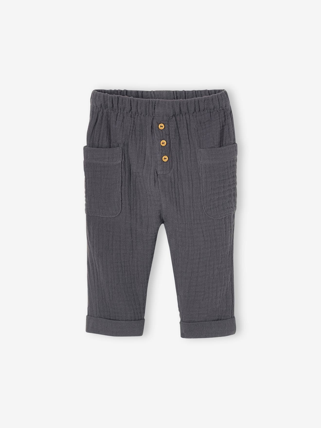 Calças de chiffon de algodão cinza escuro para bebê