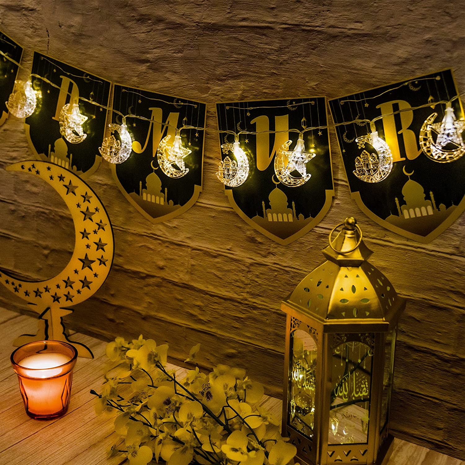 (3m) 20 LED's Ramadan Deko Lichterkette Halbmond / Stern / Moschee Eid Mubarak Beleuchtung (Batteriebetrieben) - Warmweiss