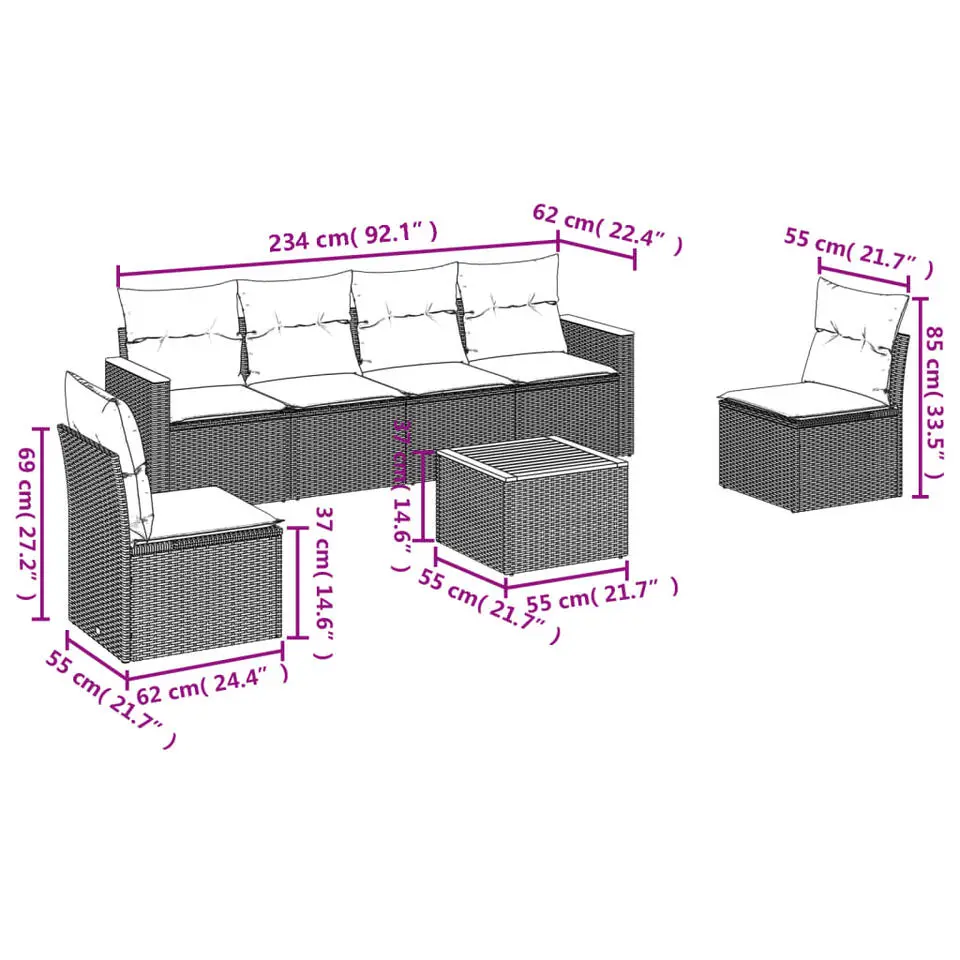 vidaXL Loungeset voor 6 met kussens en salontafel - Grijs - Poly rattan