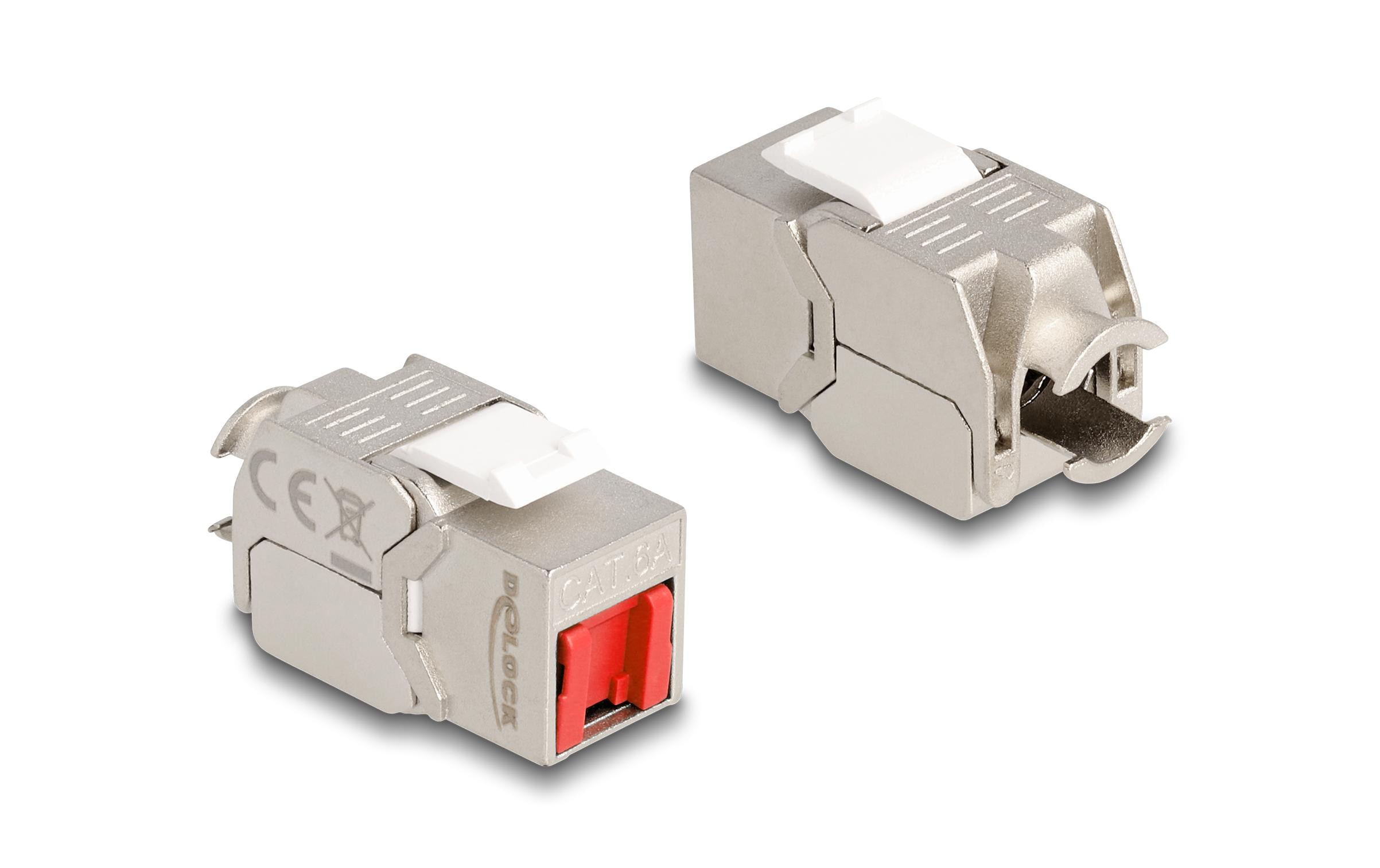 Keystone-Modul RJ45 Cat.6A mit roter StaubschutzkappeDelock Keystone Modul RJ45 Buchse zu LSA Cat.6A werkzeugfrei mit roter Staubschutzkappe