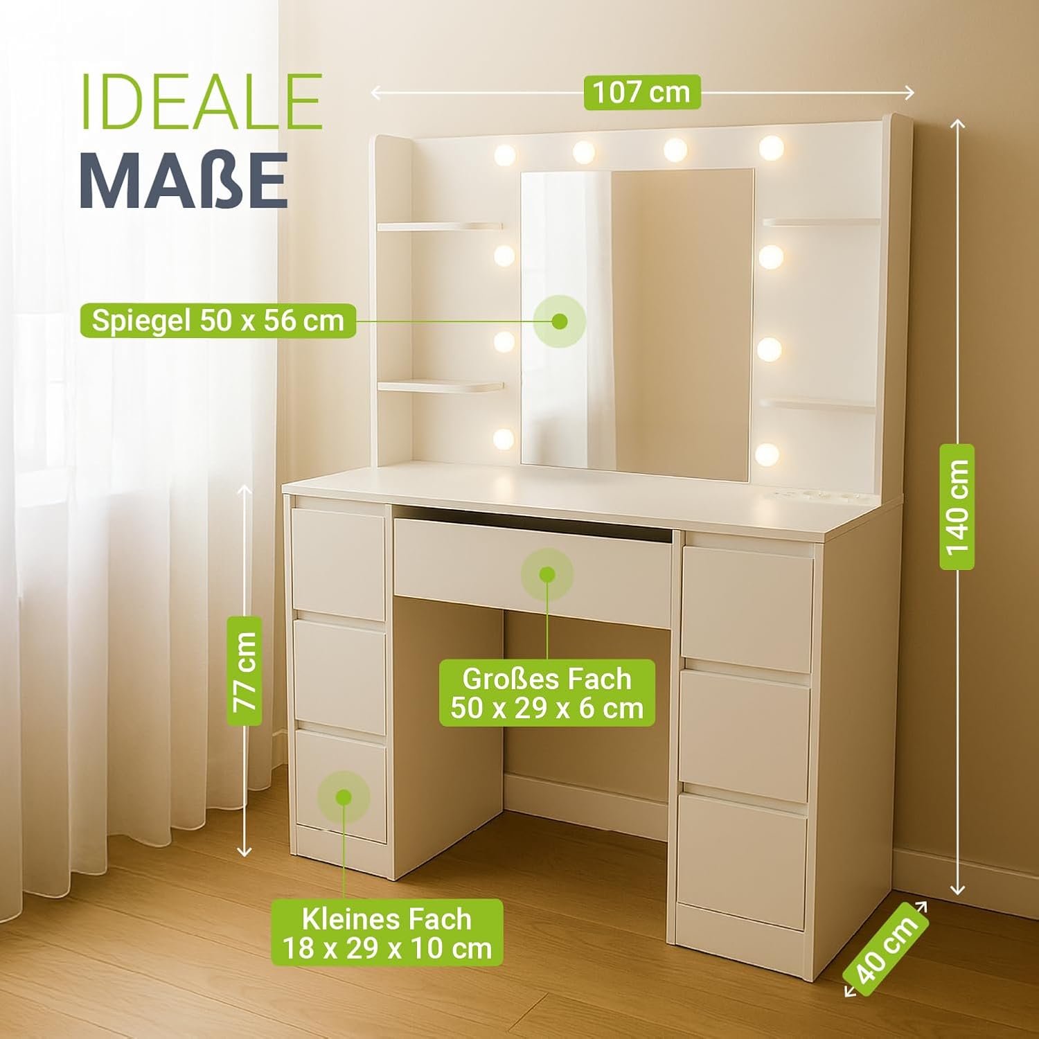Juskys Schminktisch Malia mit LED-Spiegel, 7 Schubladen, individuelle Lichteinstellung, viel Stauraum, modernes Design, kompakt & pflegeleicht für Make-up
