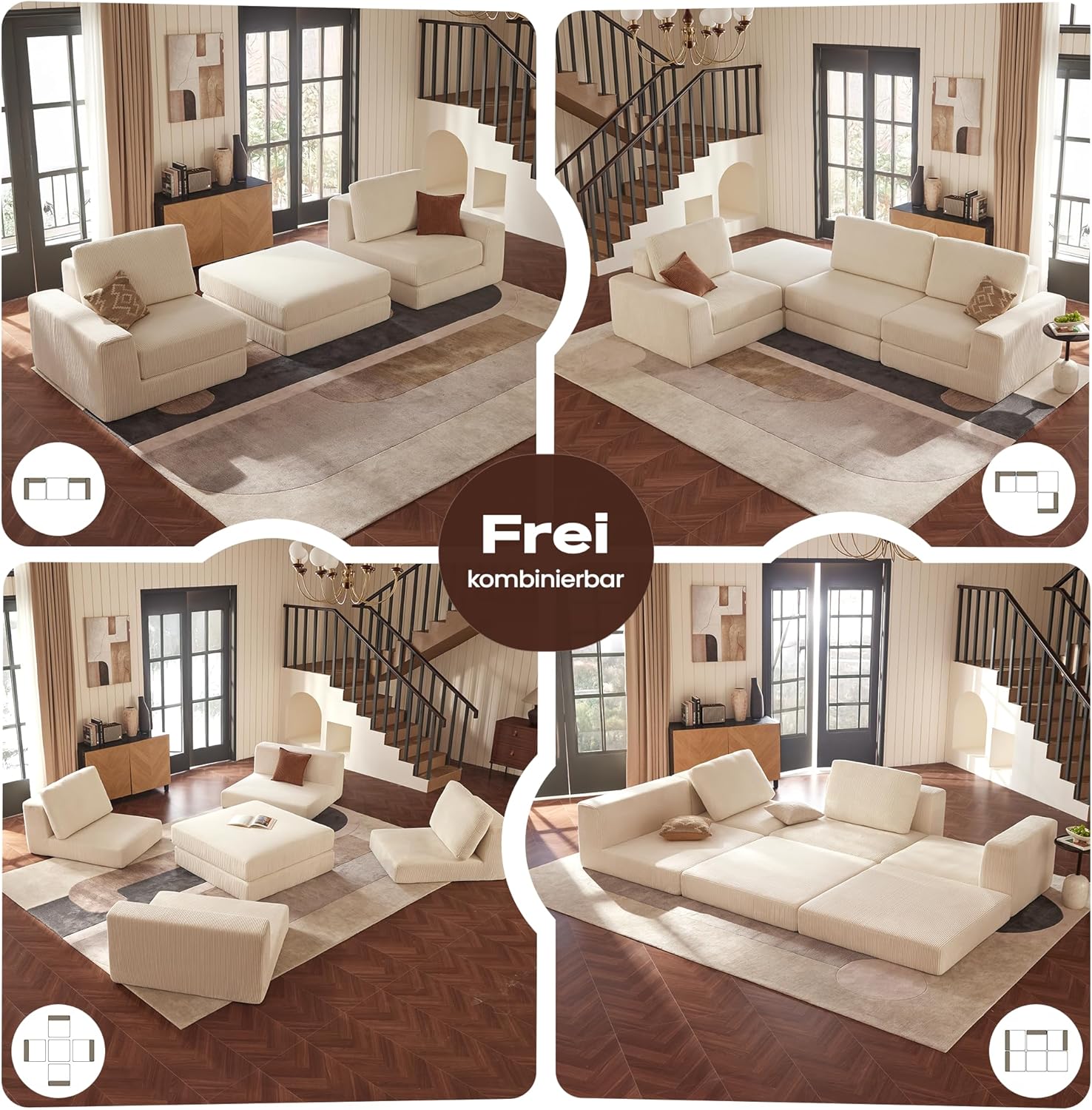 Modulares Bonelesss Sofa Couch, 204cm Modernes Bequemes Schlafsofa Mit tiefer Sitzfläche, L-förmiges Ecksofa, Cord Bodensofa Für Wohnzimmer, Wohnung, Kein Zusammenbau Erforderlich, Beige