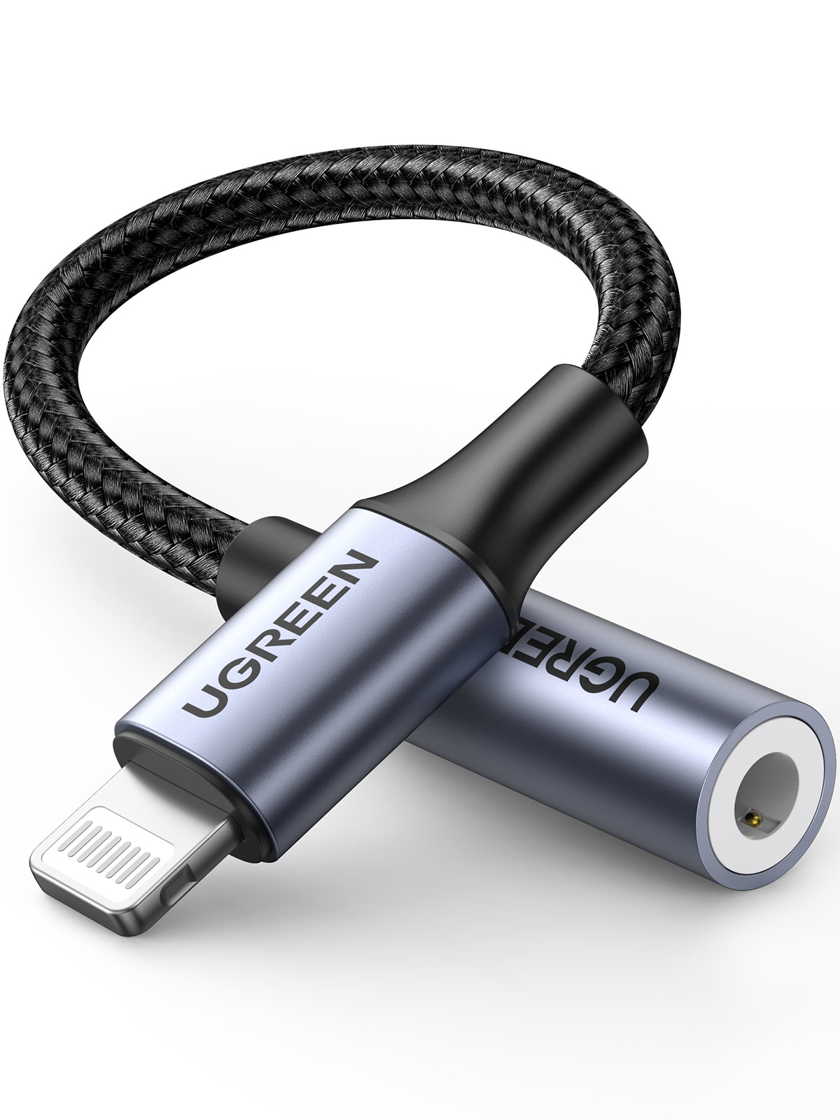(10cm) MFi Lightning auf 3.5mm Klinke Adapter Nylon Kopfhörer AUX Stecker (30756) - Grau / Schwarz