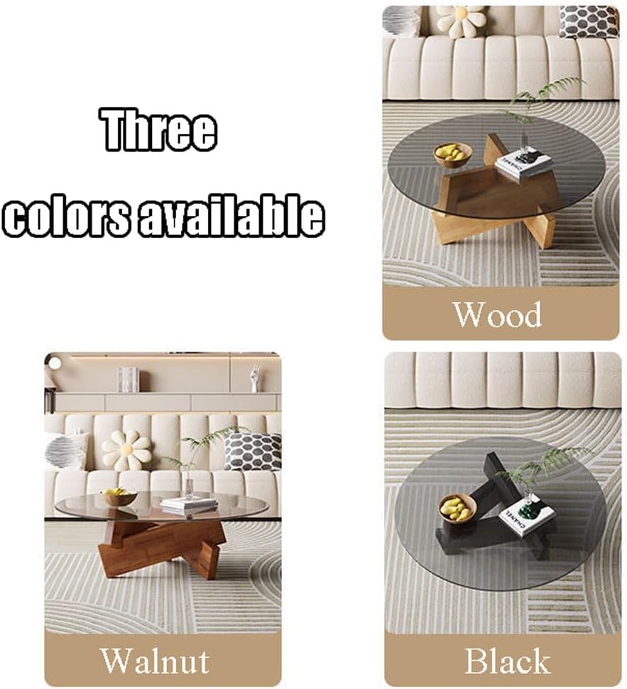 Couchtisch Runder Couchtisch aus Glas Wohnzimmer-Beistelltische mit abstraktem Massivholzgestell Moderner runder Cocktailtisch mit gehärteter Glasplatte(Schwarz,80 * 80 * 41cm/31.50x31.50x16.14)