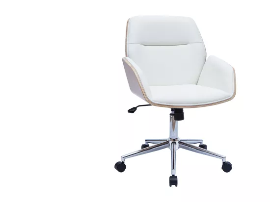 Chaise de bureau à roulettes design blanc, bois clair et acier chromé MARLOW