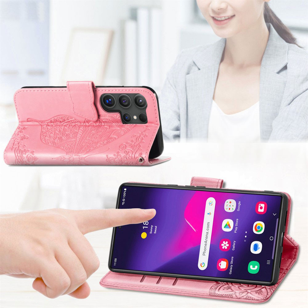 Samsung Galaxy S25 Ultra Leder Tasche Flip Cover Schmetterlinge Imprint - Lila