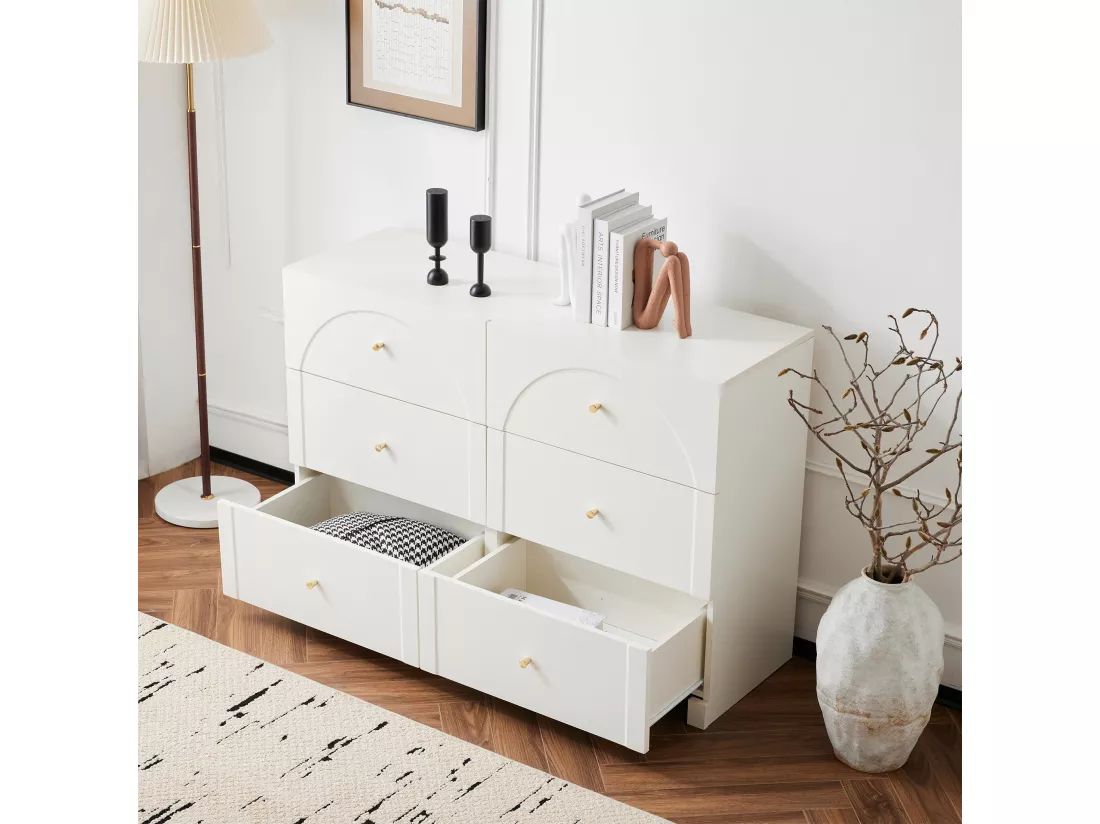 Commode avec 6 tiroirs pour salon et chambre à coucher - 120 x 40 x 82 cm - panneaux de particules - Blanc