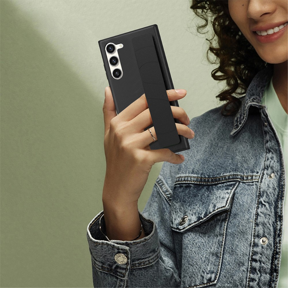 Samsung Galaxy S22 5G Gummi Case Hülle Litchi Look mit Handschlaufe - Schwarz