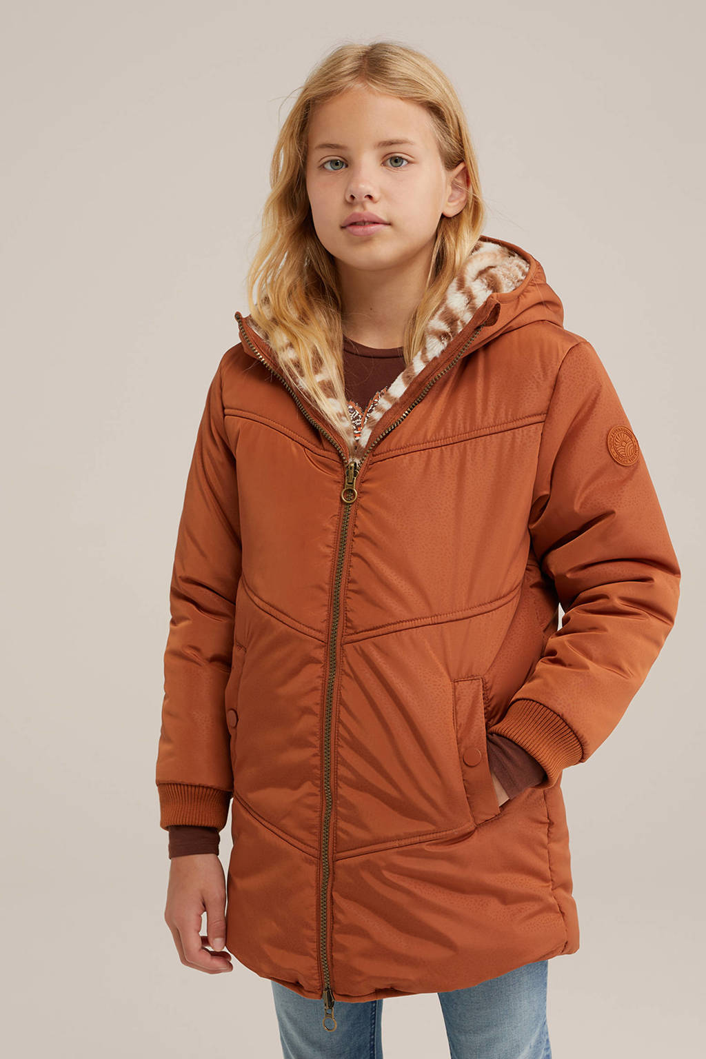 WE Fashion gewatteerde winterjas met dierenprint bruin/ecru
