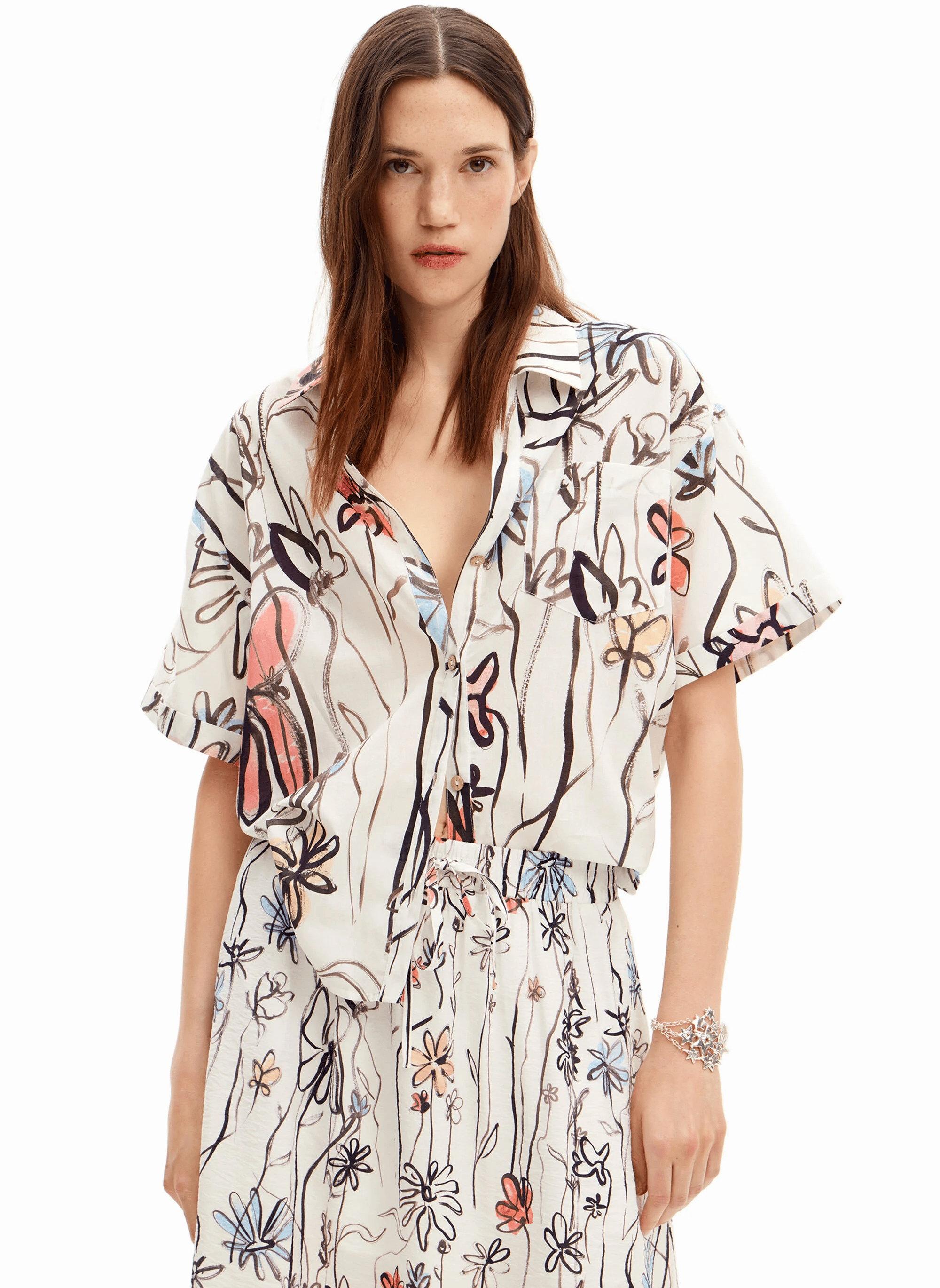 Chemise manches courtes imprimée en coton | Blanc