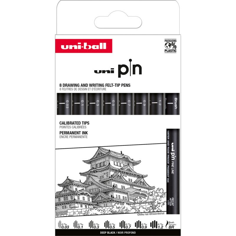 Stylo feutre Uni Ball à capuchon pointe pinceau et calibrées assorties - Pochette de 8