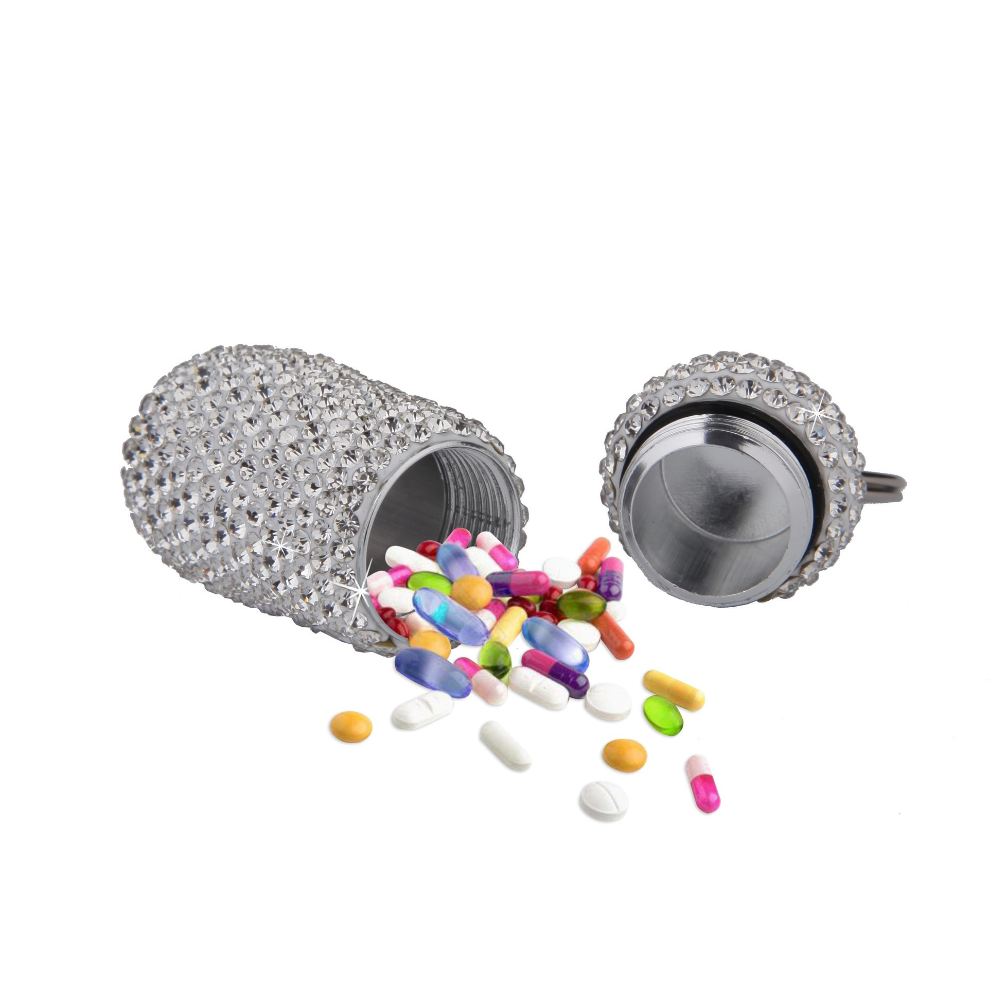(50x20mm) Strass Medikamenten Dosierer Dosett Tablettenbox Supplements Pillendose Schlüsselanhänger - Blau