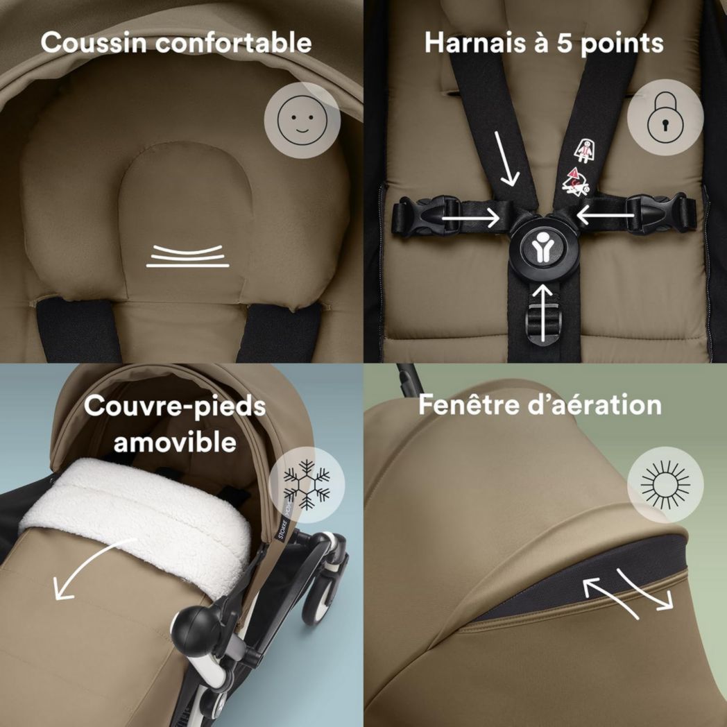 Poussette Stokke YOYO3 avec pack nouveau-né et pack couleur 6+ - Comprend un cadre noir, un pack couleur YOYO 6+ (gingembre) et un pack nouveau-né 0+ (gingembre)