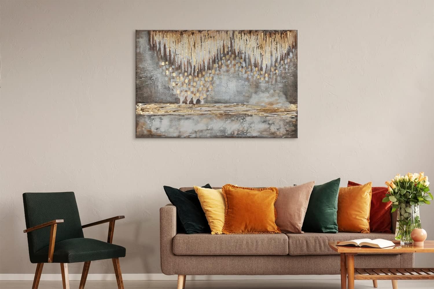 KunstLoft Leinwandbild | 100% HANDGEMALT | 120x80cm | Gemälde 'Tropfsteinhöhle' | Abstrakt | Beige Braun | Wandbild Wohnzimmer