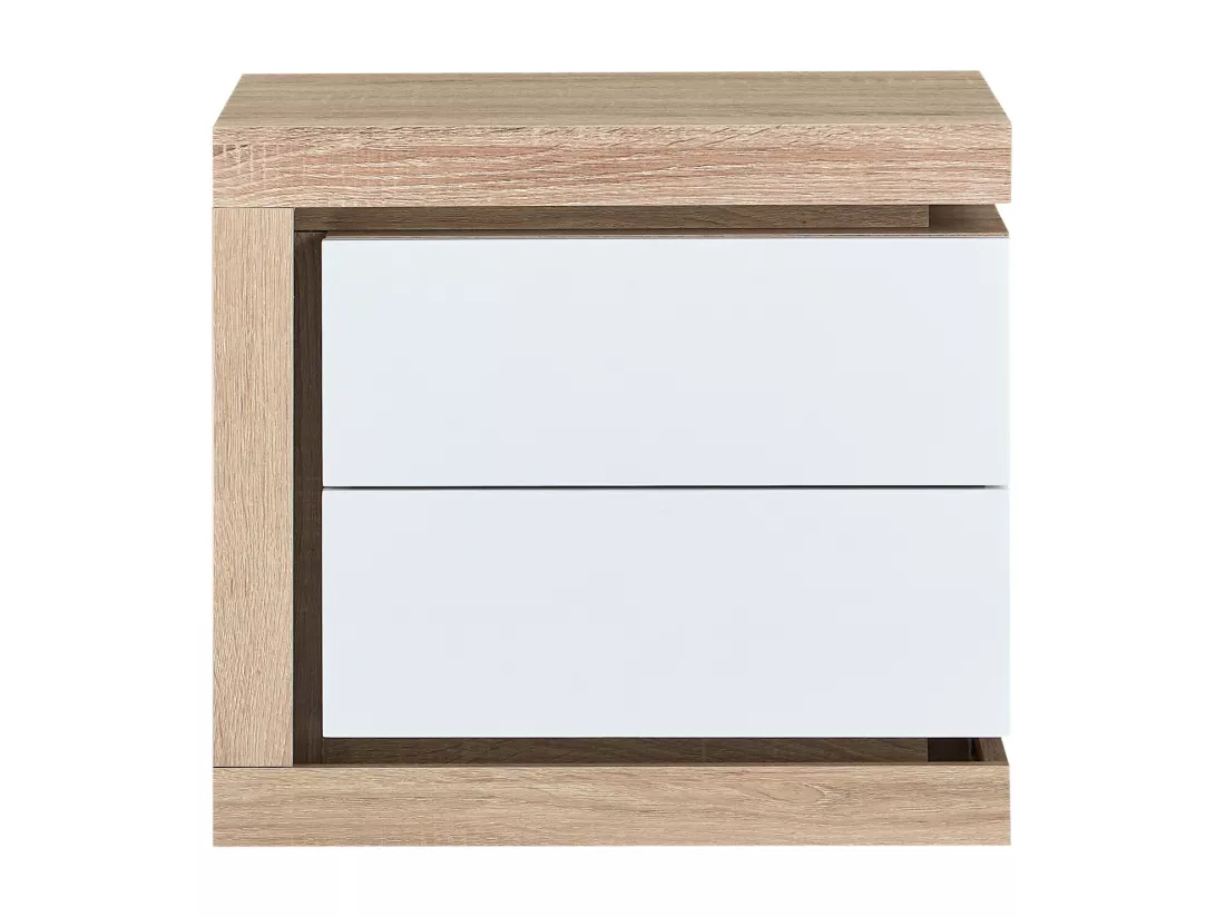 Table de chevet côté gauche avec 2 tiroirs - Avec LEDs - Blanc laqué et naturel - FLARANCIA