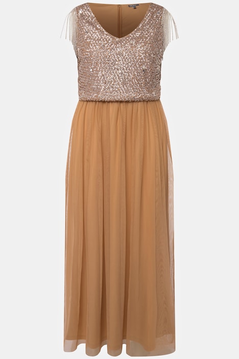 Maxikleid, Pailletten, V-Ausschnitt, ärmellos