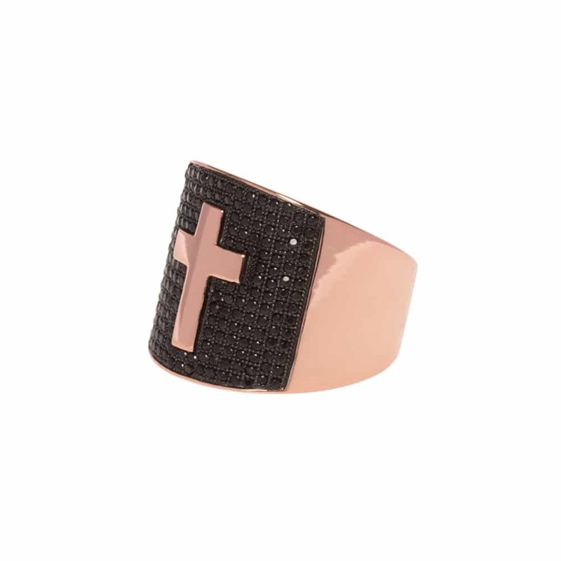 Chevaliere Sertie Croix Noire Et Rose
