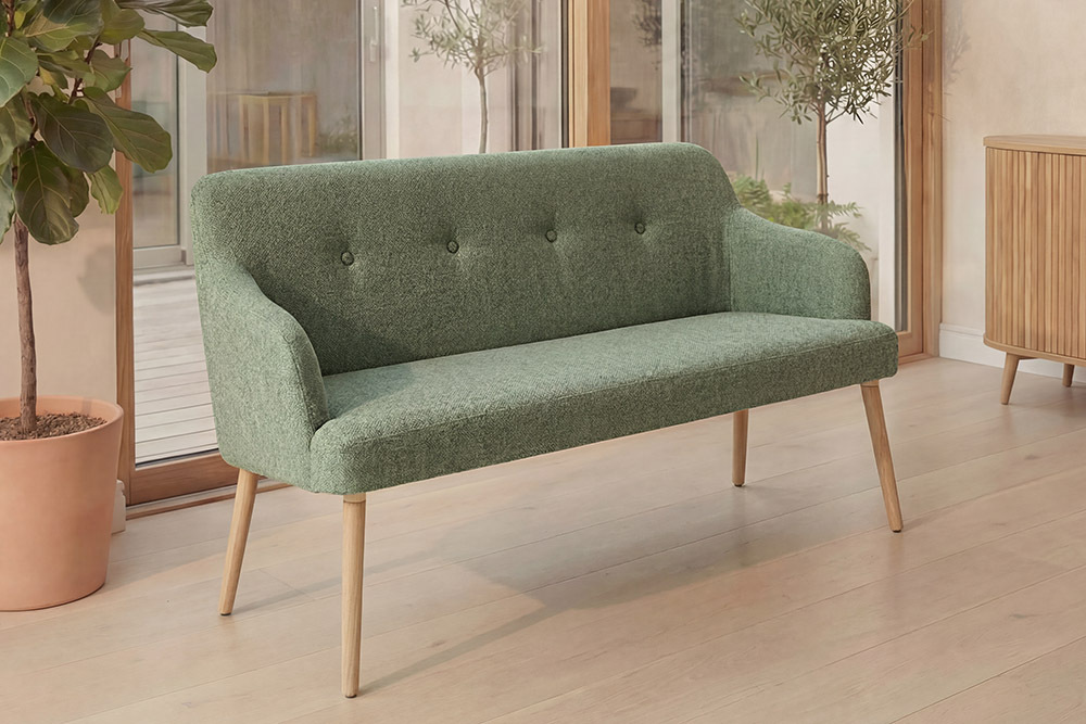 Nordische Sitzbank SCANDINAVIA MEISTERSTÜCK 115cm salbei natur Massivholz mit Armlehne
