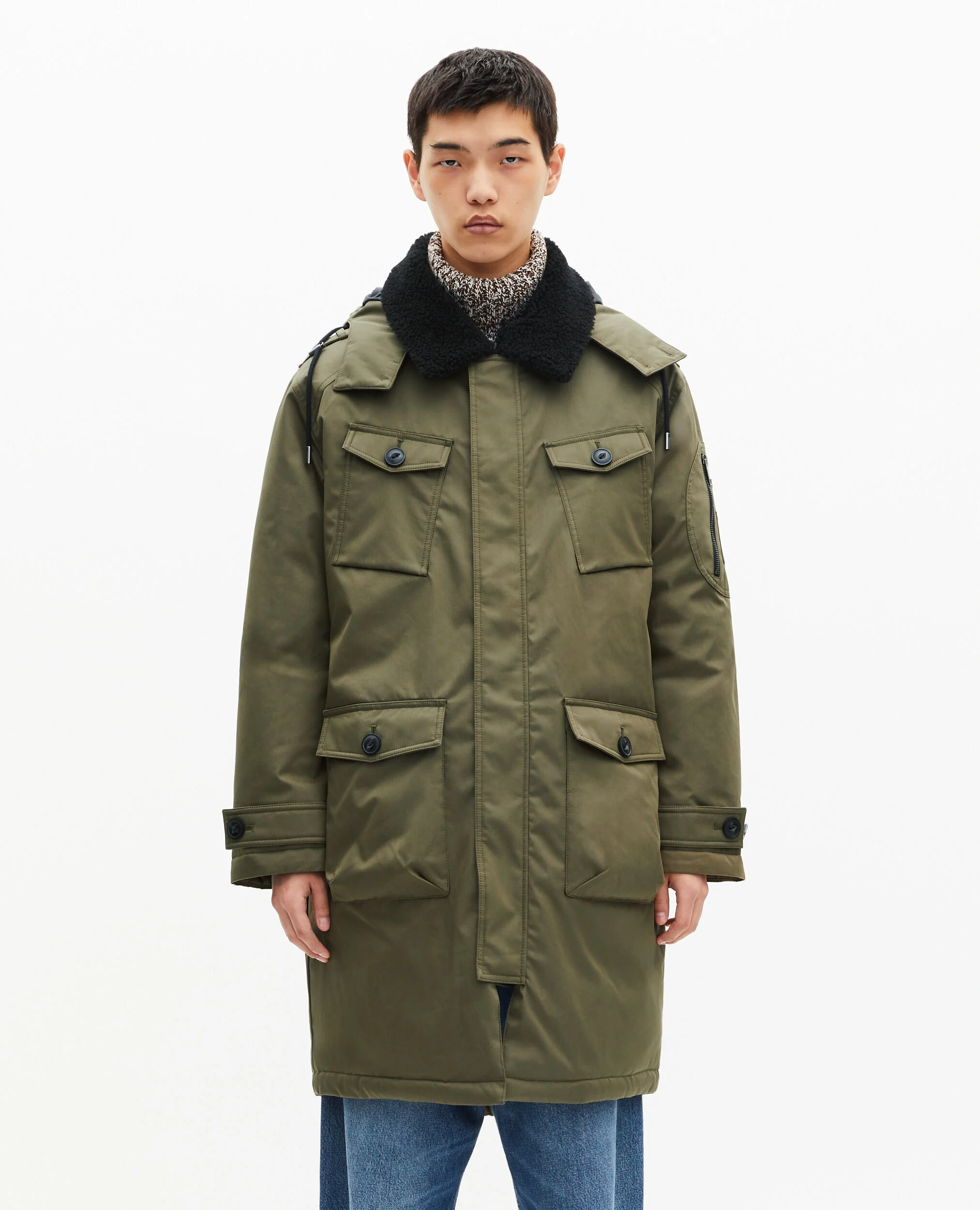 Parka à traitement déperlant avec col sherpa kaki