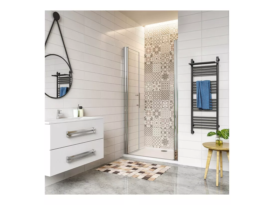 Porte de douche battante 100x187cm en 6mm verre anticalcaire avec receveur de douche blanc 100x90x3cm