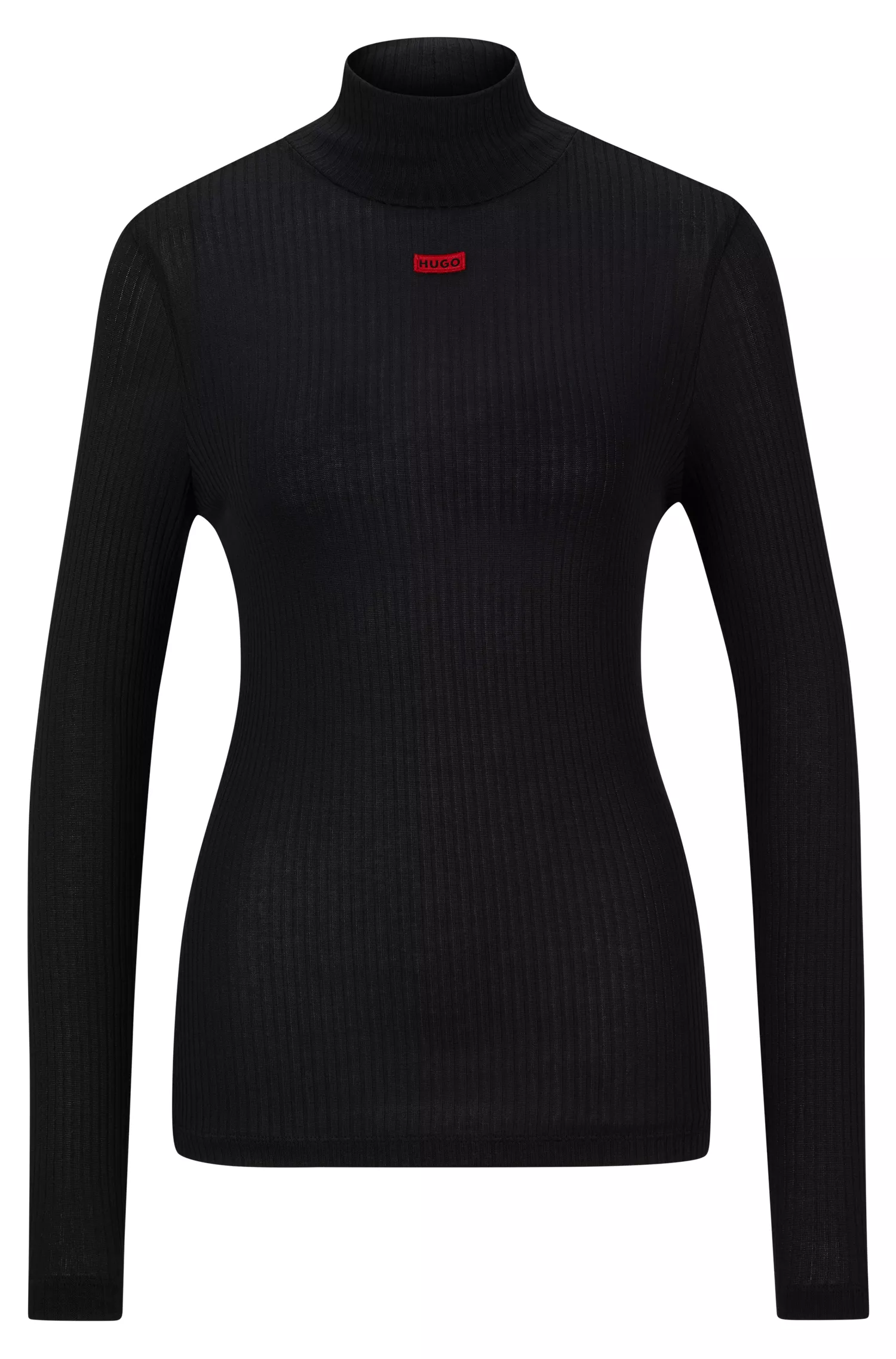 Blusa HUGO vermelha, modelagem slim, gola alta e etiqueta vermelha com o logo.