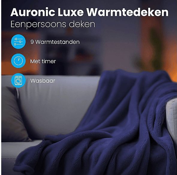 Auronic Elektrische Deken - Warmtedeken - 9 Warmtestanden - 1 Persoons - 160x120cm - Verwarmingsdeken - Blauw