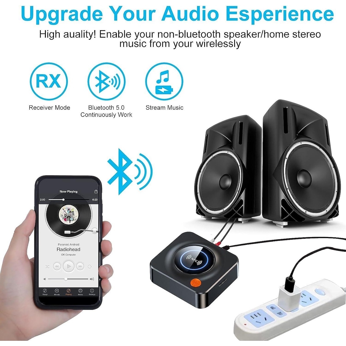 NÖRDIC Bluetooth 5.1-mottaker, med NFC, TF-kortspor, 3,5 mm AUX/RCA, trådløs adapter med lav ventetid for stereoanlegg for streaming av musikk hjemme