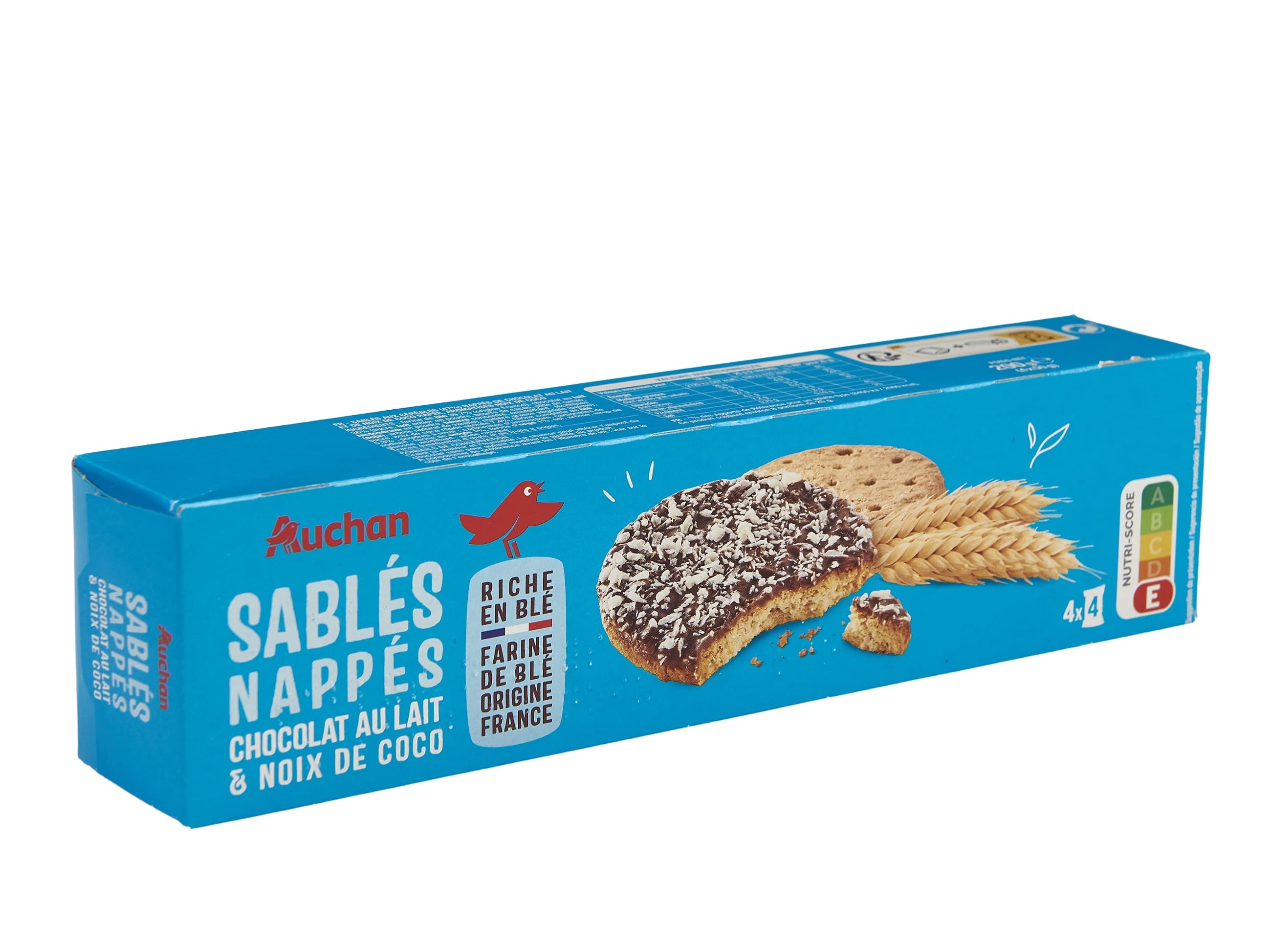BOLACHA CEREAIS AUCHAN COM COBERTURA DE CHOCOLATE E COCO 4 SAQUETAS 200G