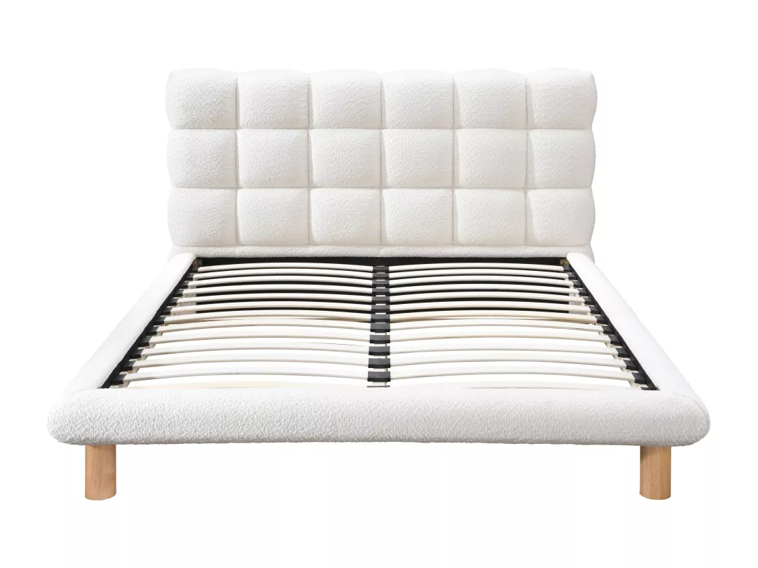 Lit avec tête de lit matelassée 140 x 190 cm - Tissu bouclette - Blanc - FUDALI