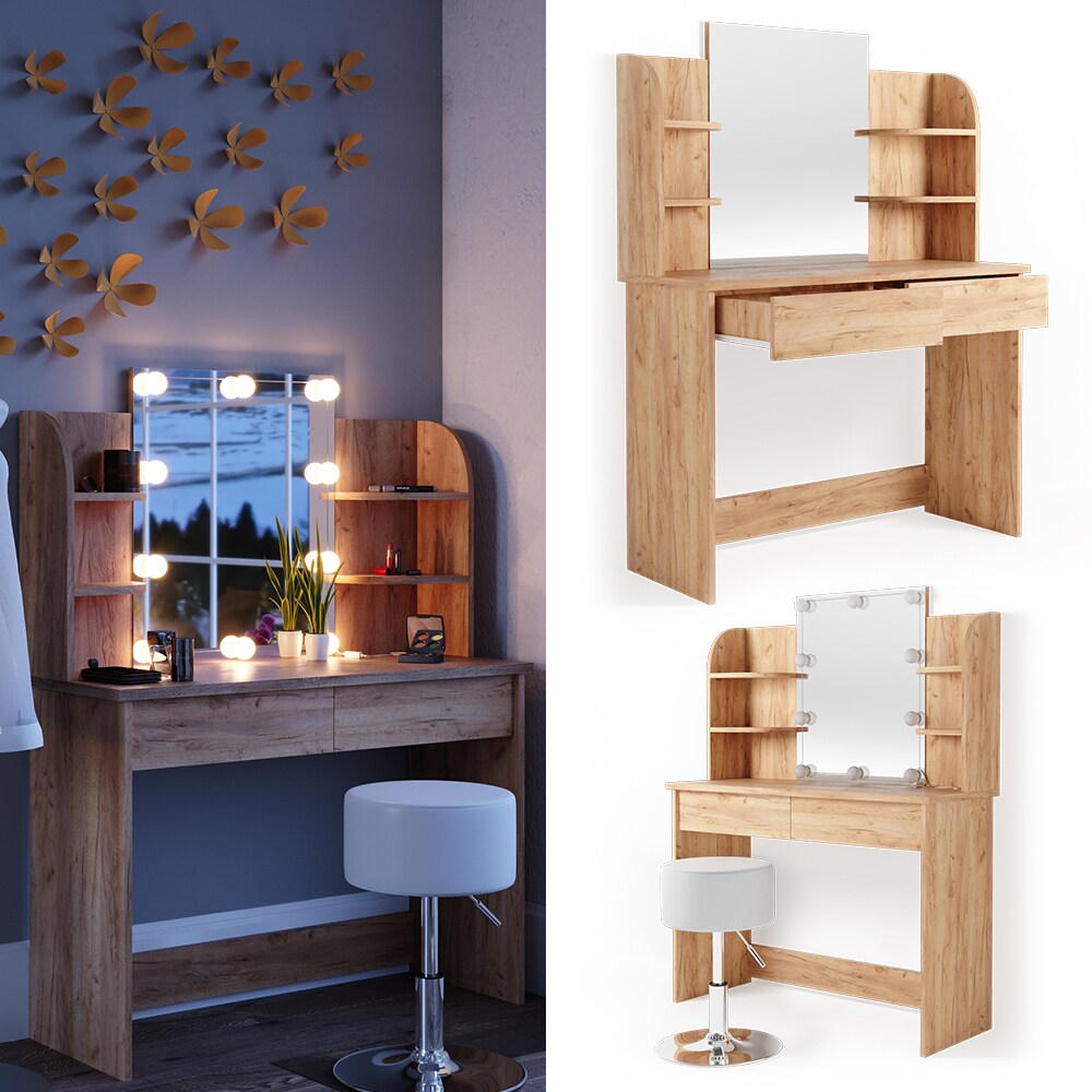 VICCO LED Schminktisch CHARLOTTE Frisiertisch Kommode Kosmetiktisch Eiche Hocker