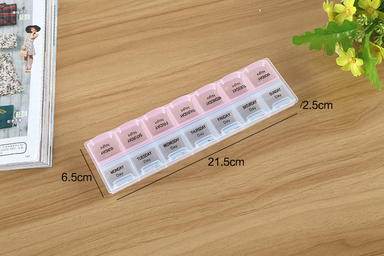 (215x60mm) Medikamenten Dosierer 7 Tage Dosett Tablettenbox Supplements Pillendose -  Rosa / Blau