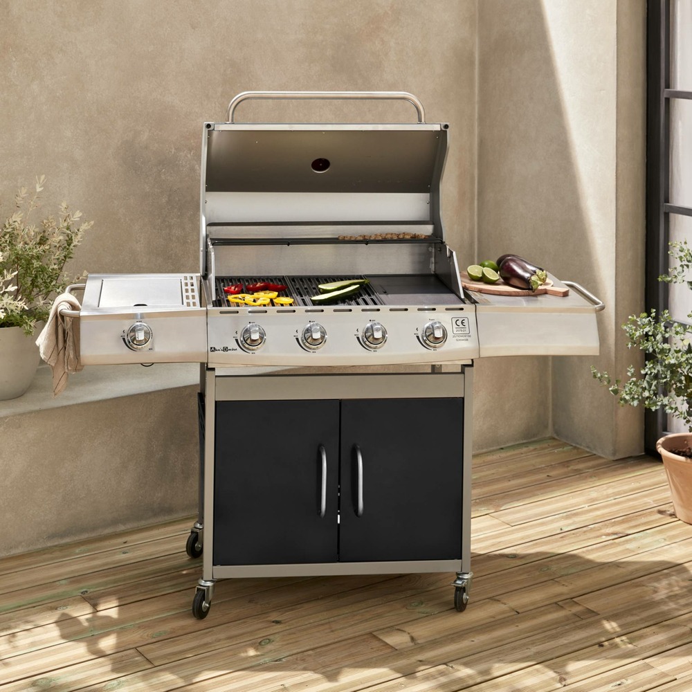 Barbecue gaz inox 17kw - richelieu noir - barbecue 5 brûleurs dont 1 feu latéral. Côté grill et côté plancha