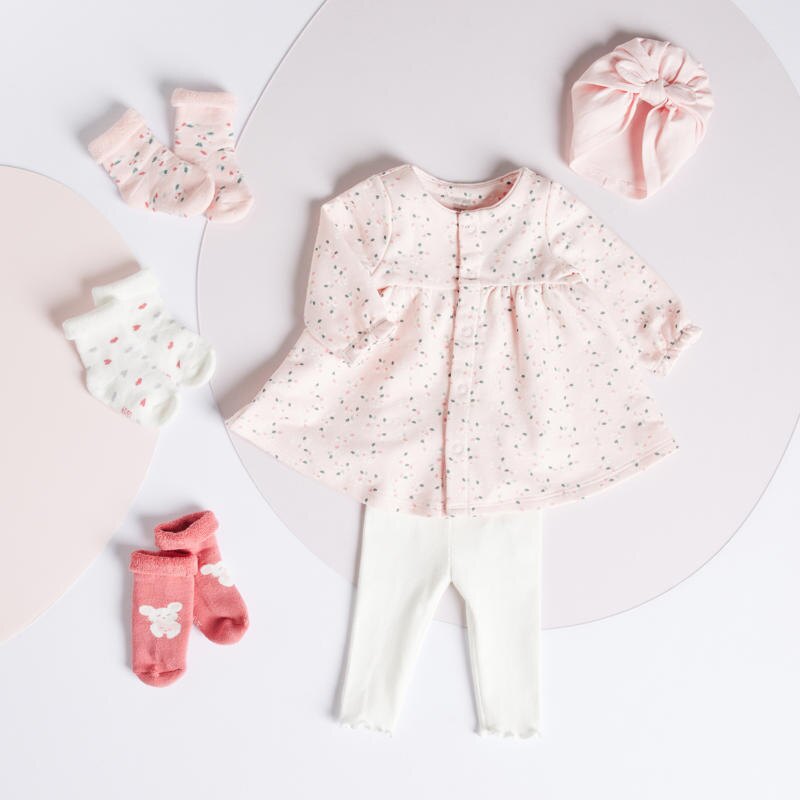 Robe molleton fleurie et legging rose naissance Rose