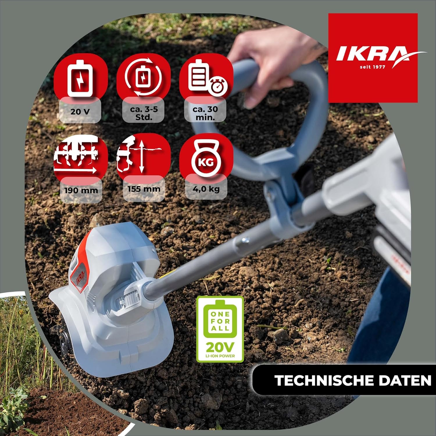 IKRA Akku Bodenhacke IAMH 20, Arbeitsbreite 19cm, Arbeitstiefe bis 15,5cm, Laufzeit max. 30 Minuten, inkl. Akku & Ladegerät