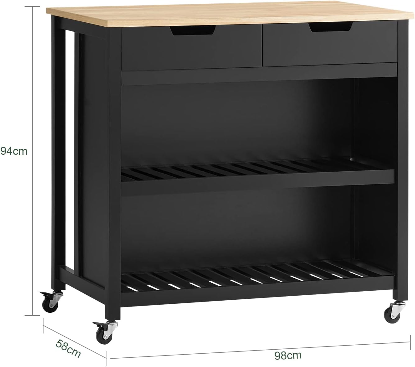 SoBuy Servierwagen mit Rollen, Küchenwagen mit Arbeitsplatte, Rollwagen Küche, Servierwagen Outdoor, Küchenregal stehend, Regal Küche, Küchenwagen mit Stauraum,Schwarz, 98x94x58 cm, FKW74-SCH
