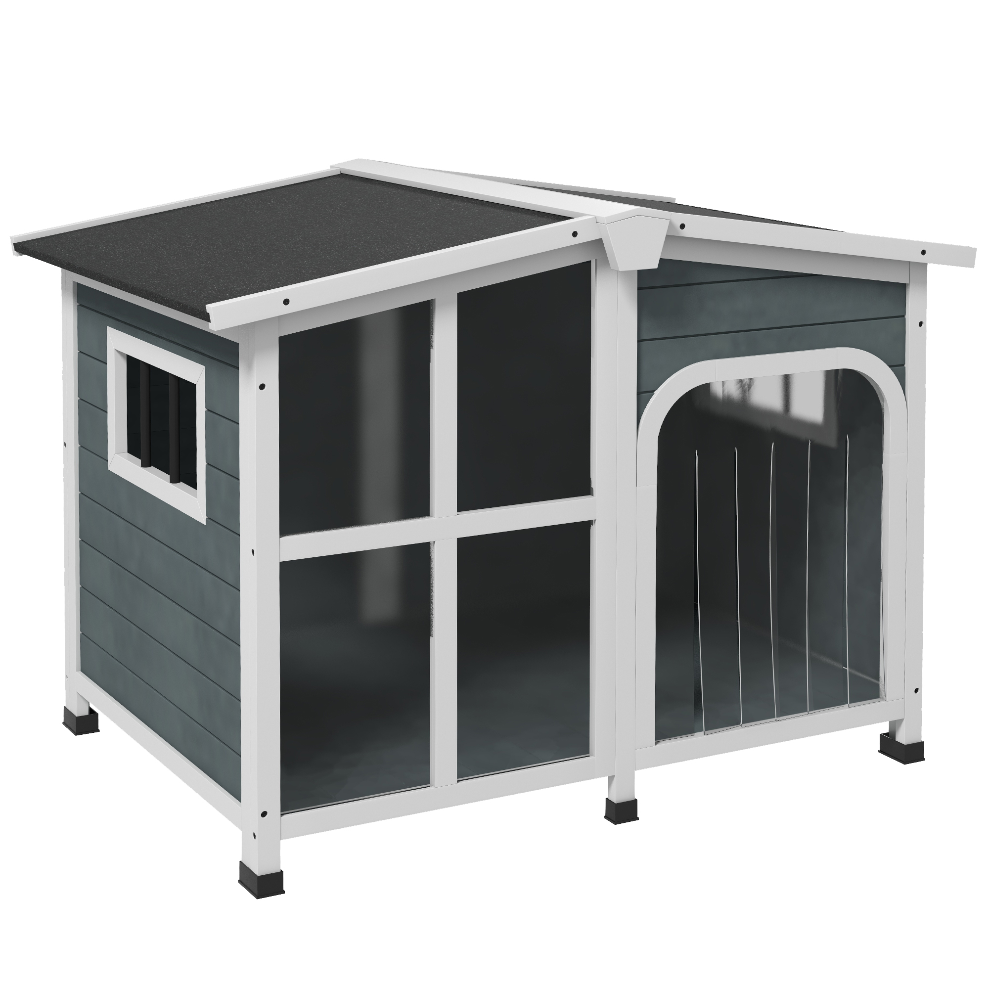 Casinha para cães PawHut, de madeira, para cães pequenos, com telhado articulado, porta frontal em acrílico com cortina e fundo removível, 101 x 66,5 x 70,5 cm, cinza escuro.