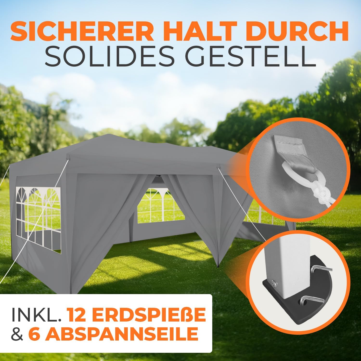 Kronenburg Faltpavillon wasserdicht Pavillon mit 6 Seitenteilen, Gartenzelt, 3x6 m - mit UV Schutz 50+, Grau