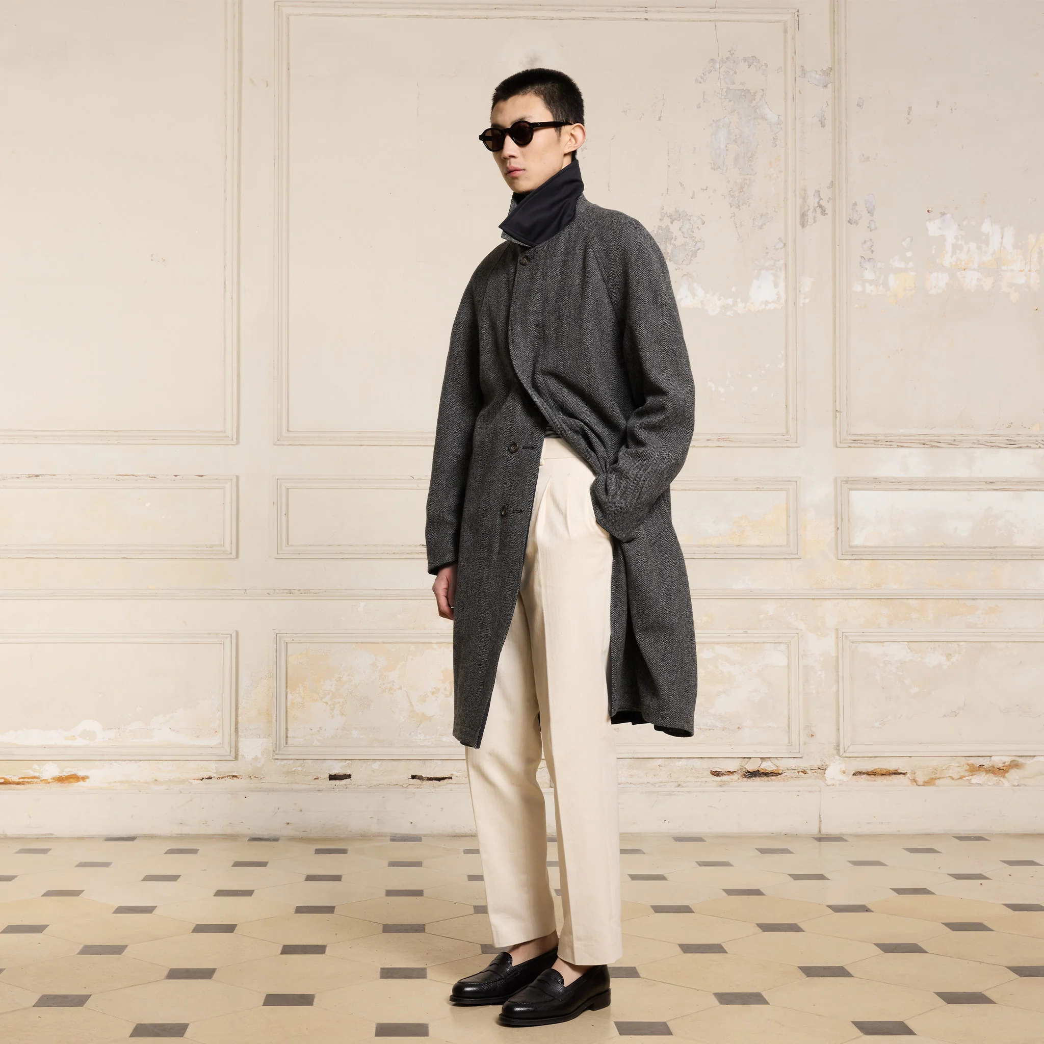 Reversible mac in water-repellent cotton and navy wool