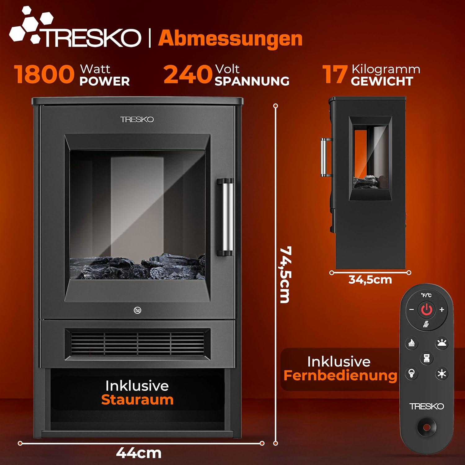 TRESKO® Elektrokamin mit Heizung inkl. Fernbedienung & WiFi App | Kamin elektrisch 1800W LED-Flammeneffekt Farbmodi | Kaminfeuer Thermostat, Timer | Elektro Kaminofen Standkamin 2 Heizstufen (Schwarz)